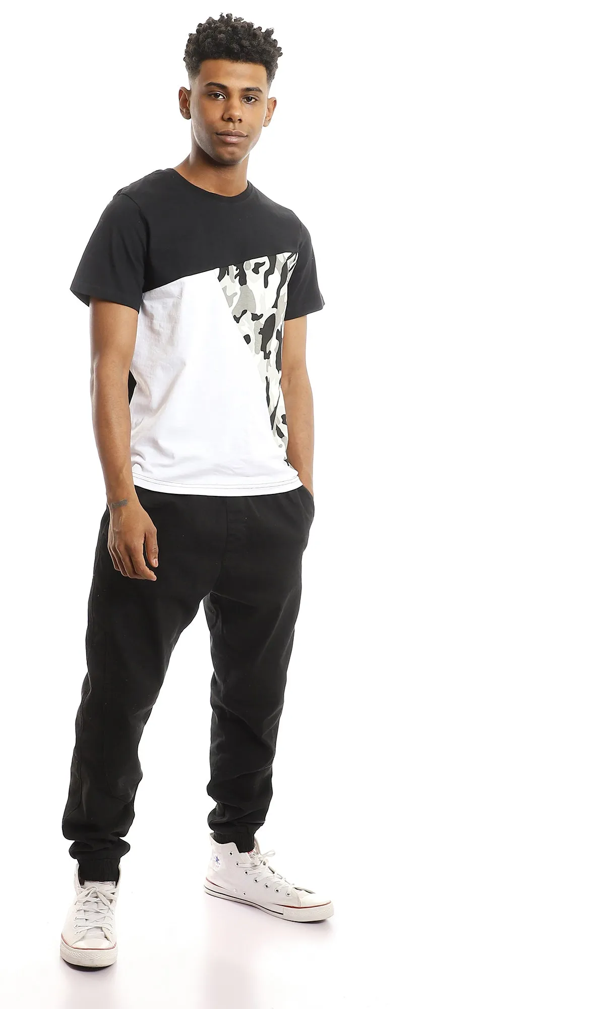 97647 Round Neck Cotton Tee With Camouflage Accent - Black, White & Grey