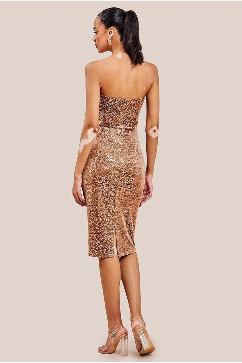 Bandeau Sequin & Velvet Midi Dress - Champagne by Goddiva