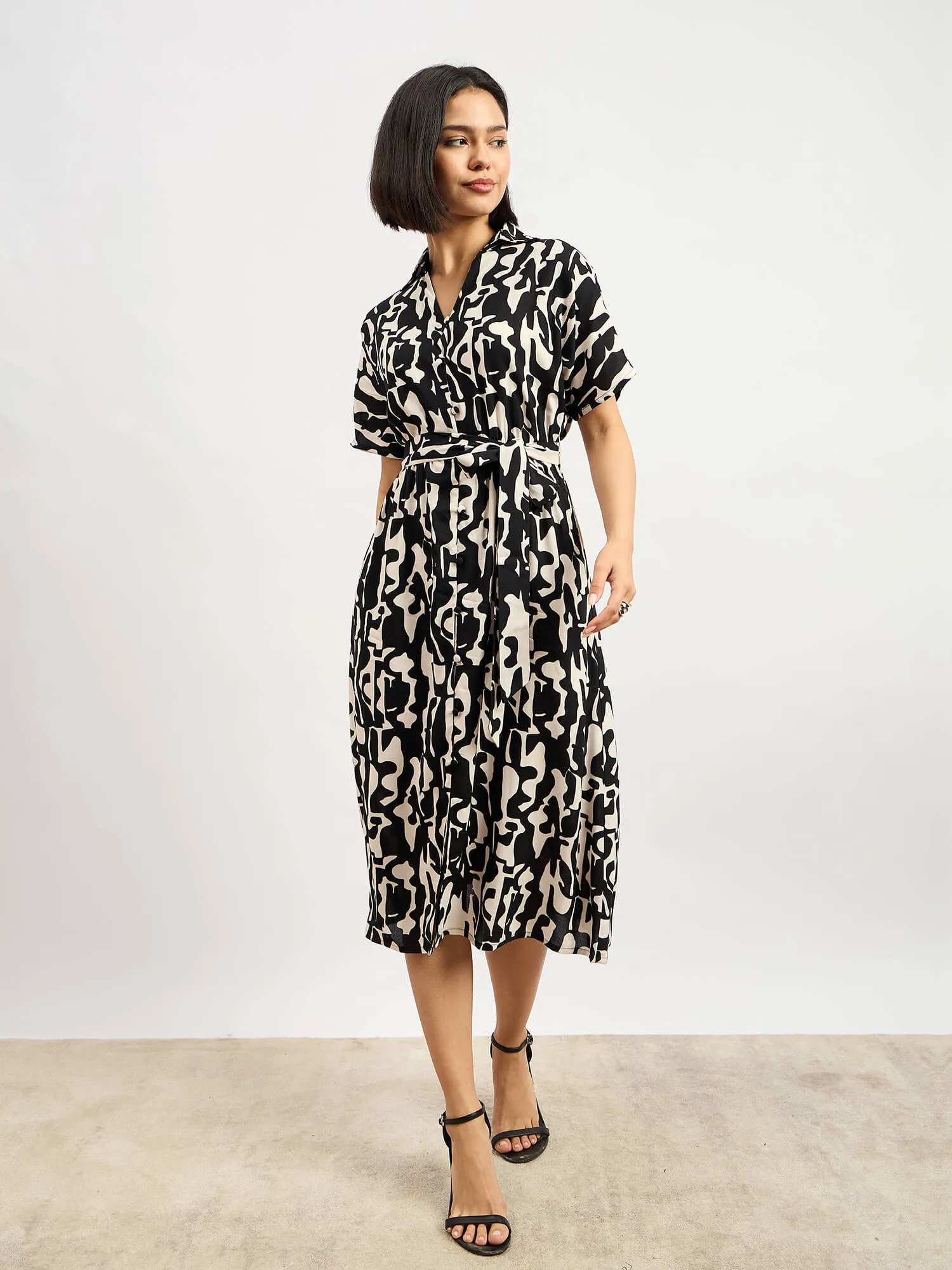 Bastian Dolman Sleeve Shirt Dress - Black & White