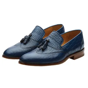 Blue Croco Wingcap Tassel Loafers