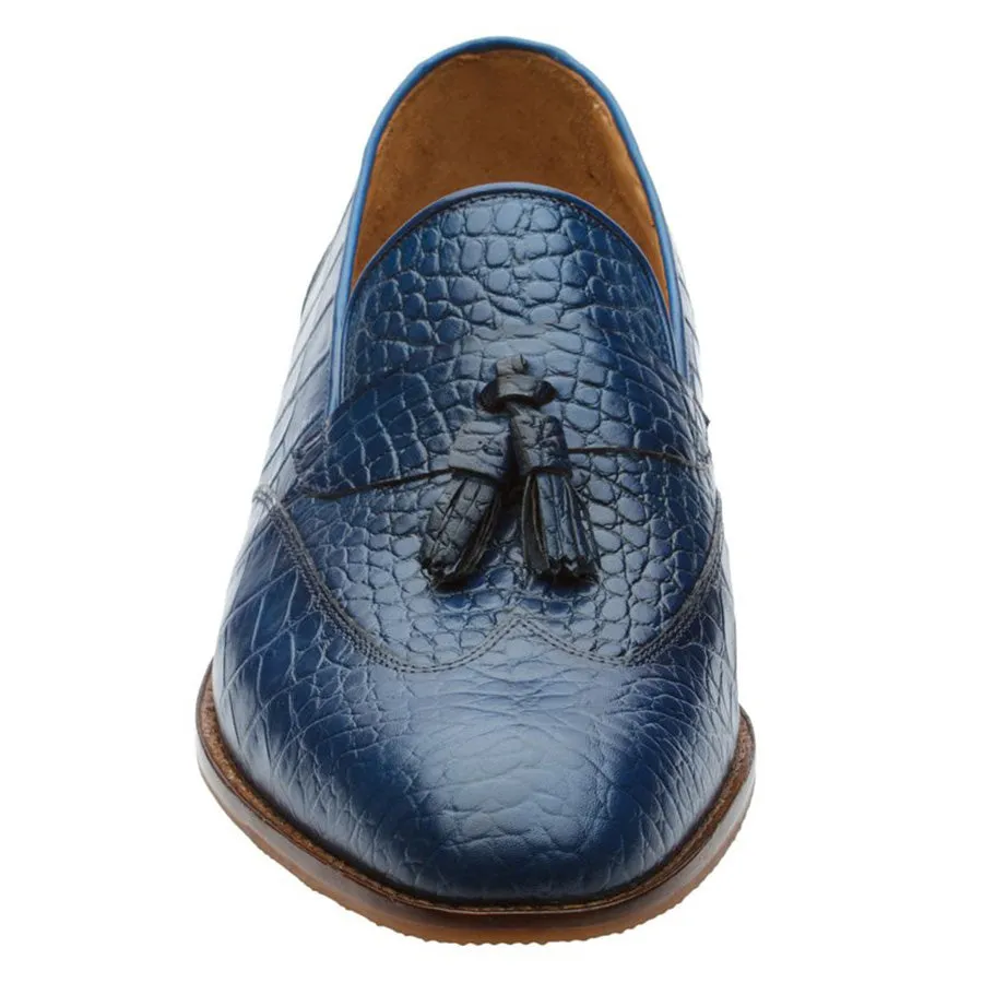 Blue Croco Wingcap Tassel Loafers