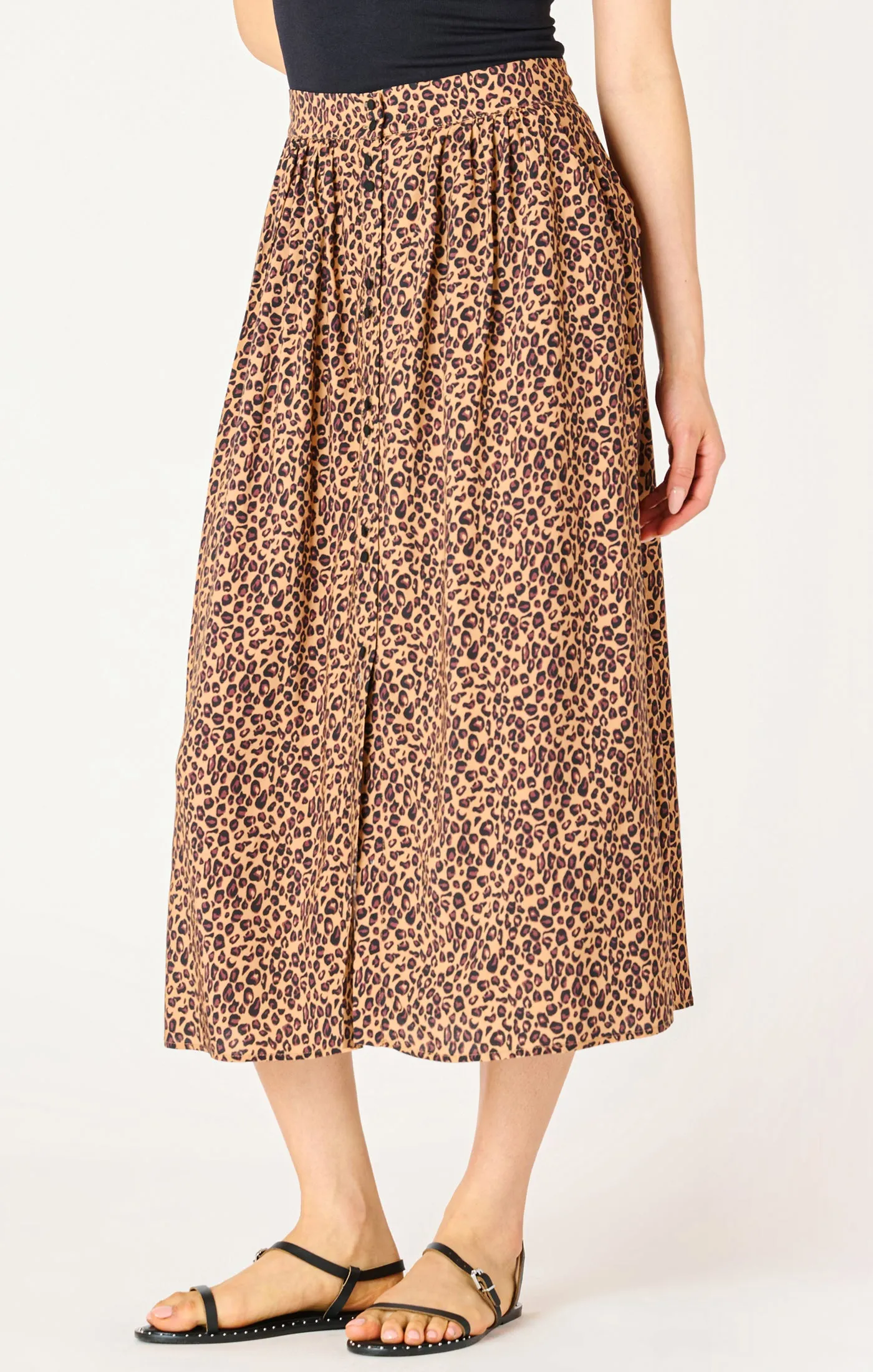 Button Front Midi Skirt - Mini Leopard