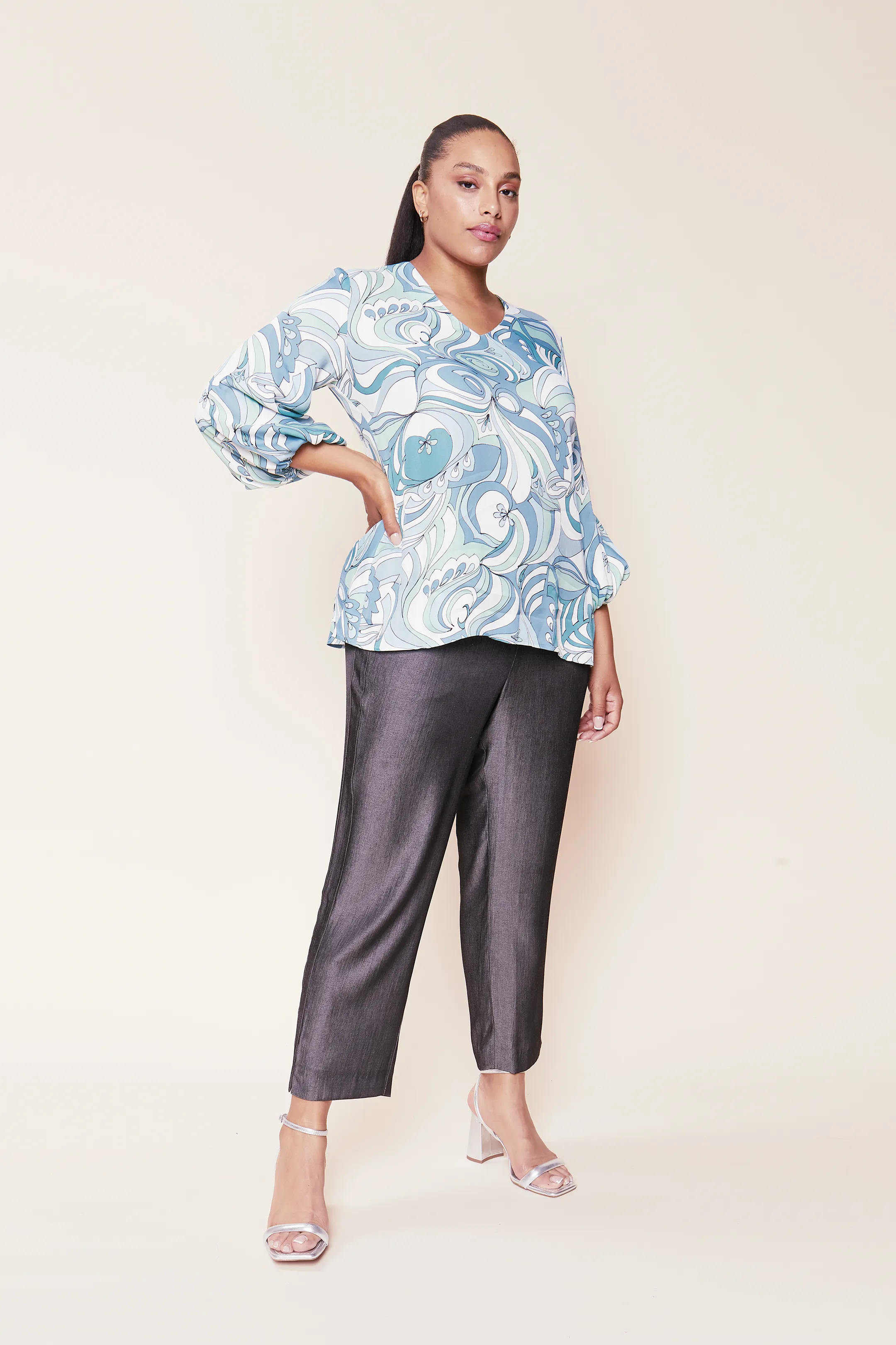 Chambray Fluid Denim Trousers Black