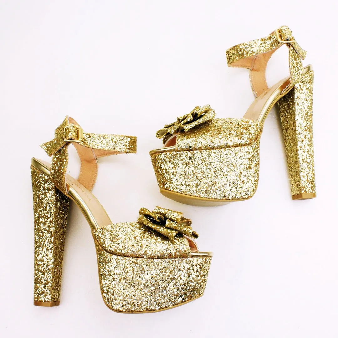 Gold Glitter Ribbon Bridal Platform Shoes