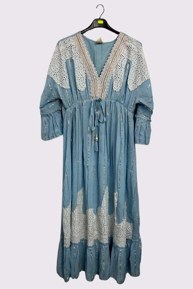 Gold Stripe Cut Out Patch Pattern Maxi Long Sleeve Boho Style Dress