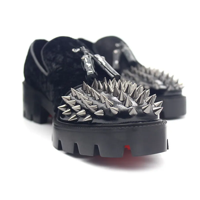 Gothic Genuine Leather Loafers on Thick Platform with Rivets / Alternative Fashion Metal Style