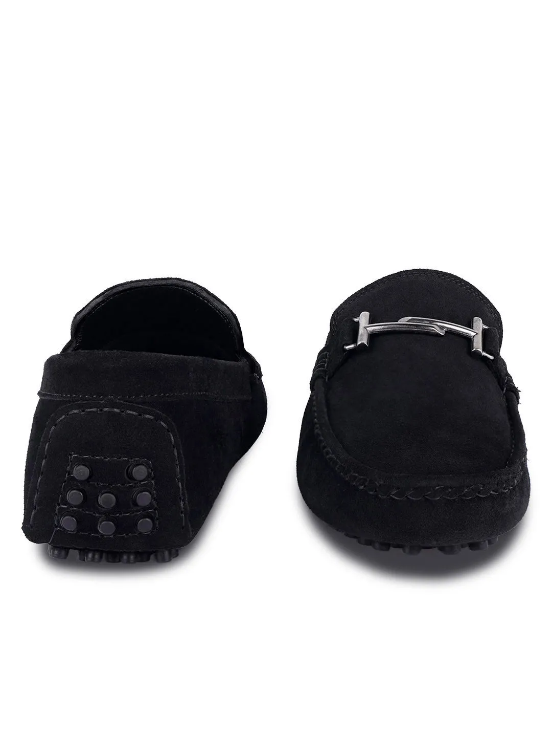 Jet Black Handmade Italian Suede Leather Penny Loafers with Designer Buckle