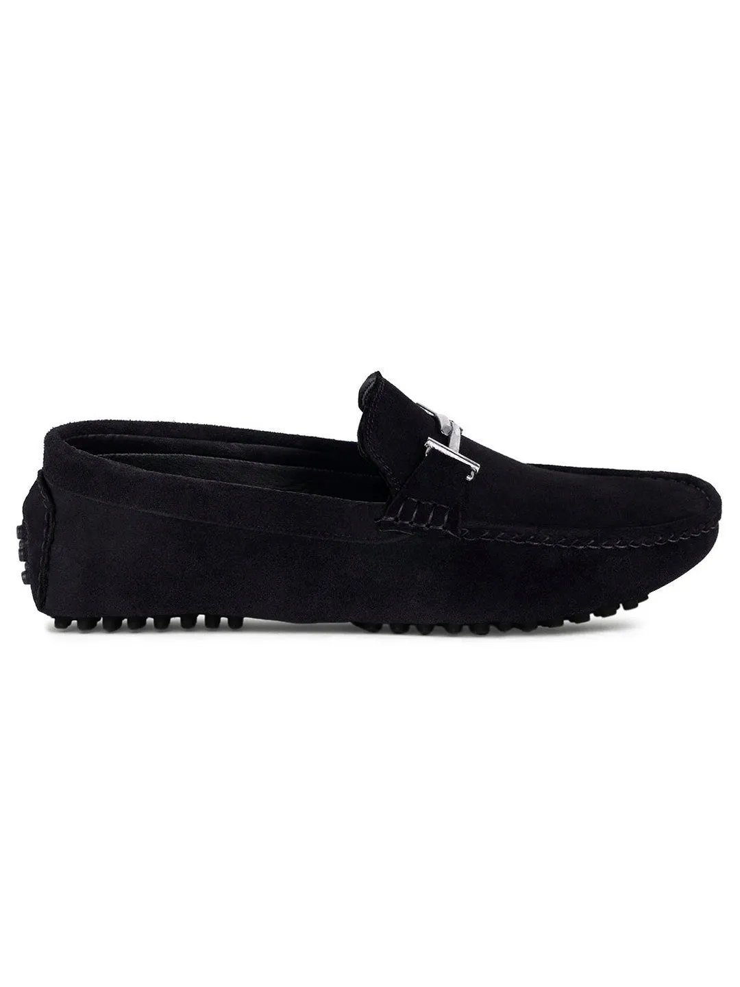 Jet Black Handmade Italian Suede Leather Penny Loafers with Designer Buckle