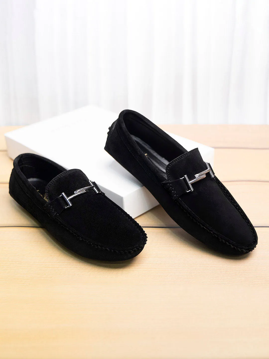 Jet Black Handmade Italian Suede Leather Penny Loafers with Designer Buckle