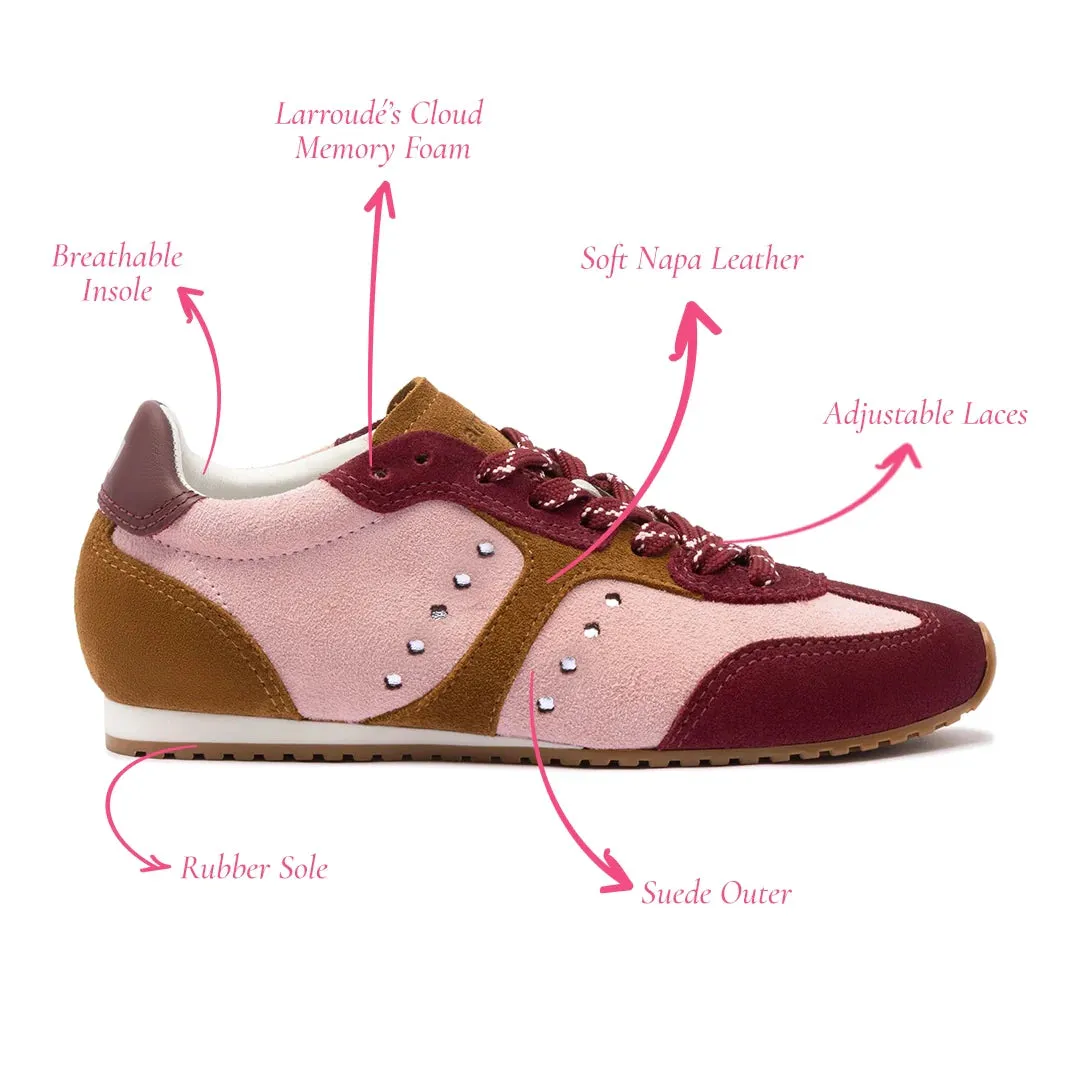 Larroude Stella Sneaker In Tulip, Russet and Wine Suede