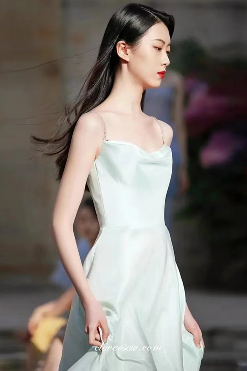 Light Green Shiny Satin Beading Spaghetti Straps A-line Prom Dresses, CP1035