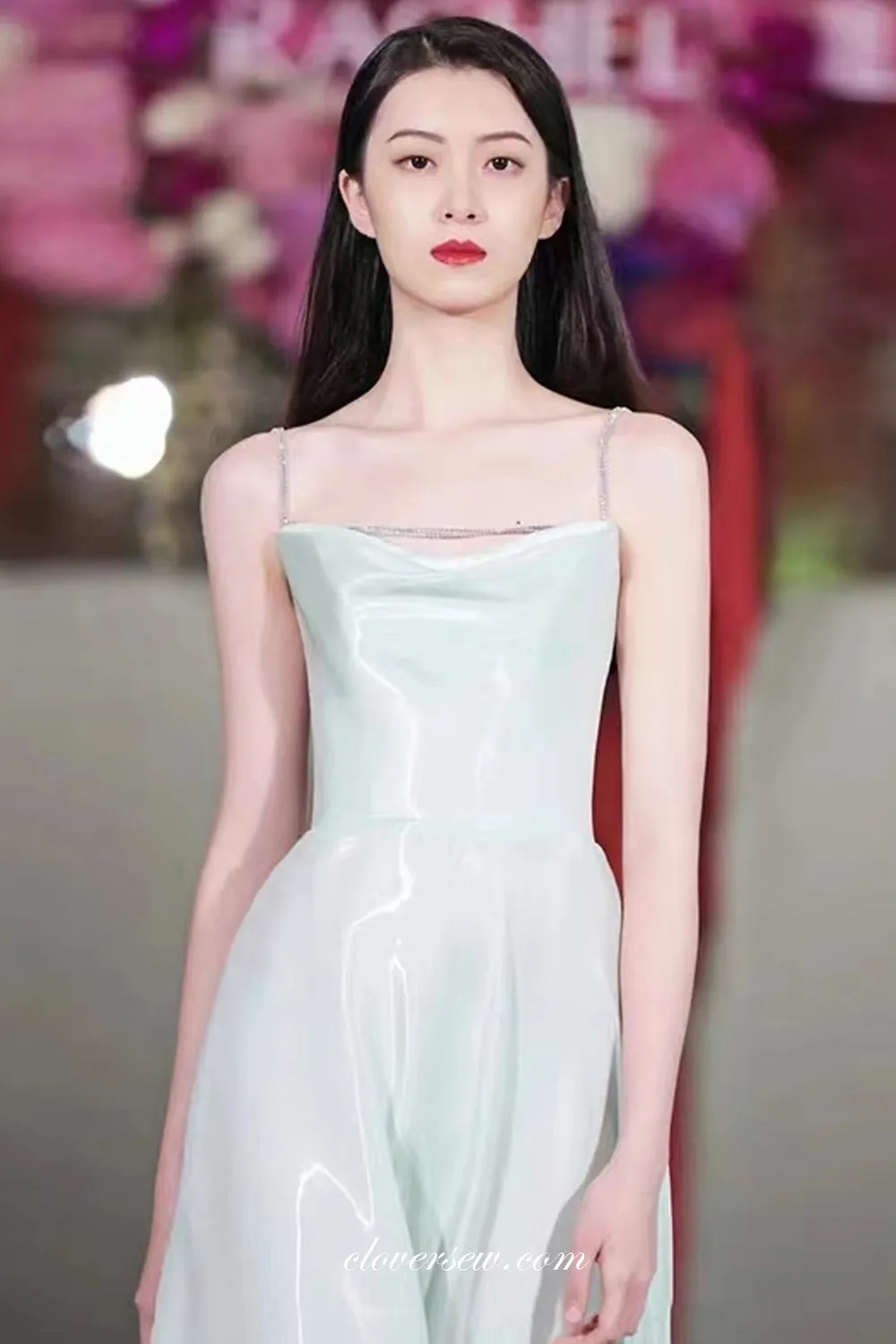 Light Green Shiny Satin Beading Spaghetti Straps A-line Prom Dresses, CP1035