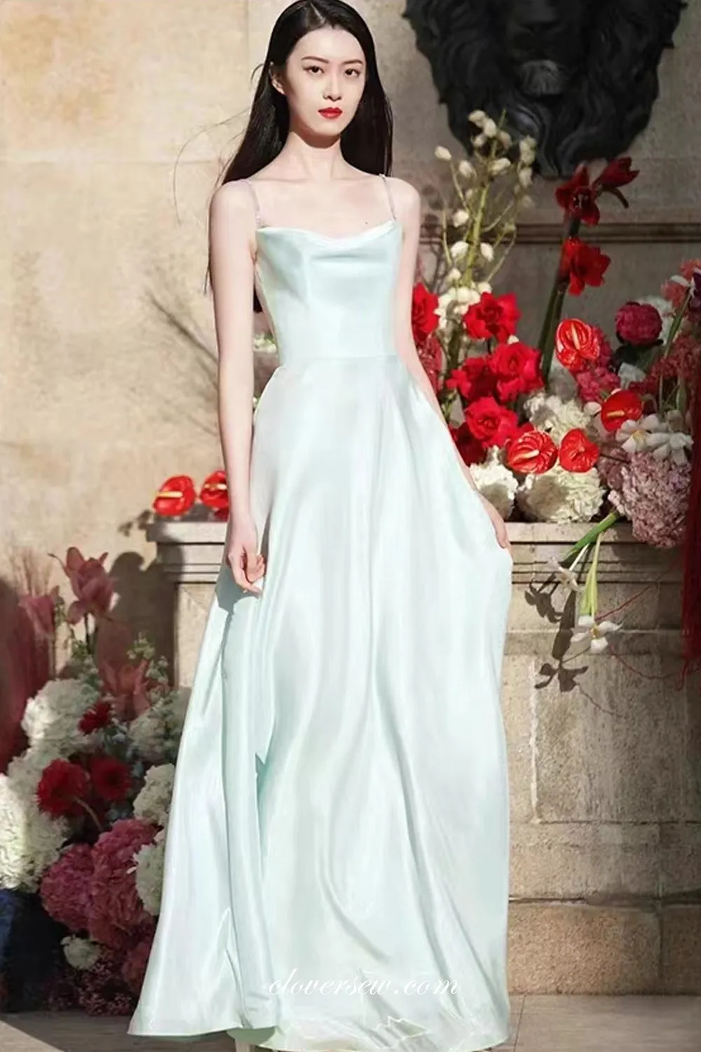 Light Green Shiny Satin Beading Spaghetti Straps A-line Prom Dresses, CP1035