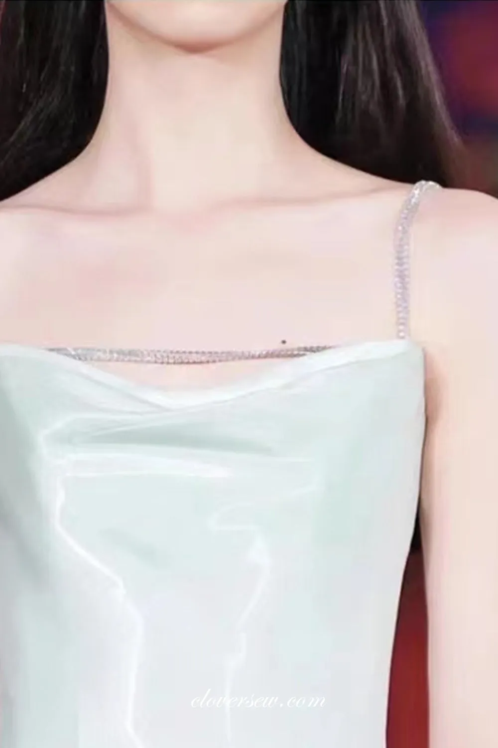 Light Green Shiny Satin Beading Spaghetti Straps A-line Prom Dresses, CP1035