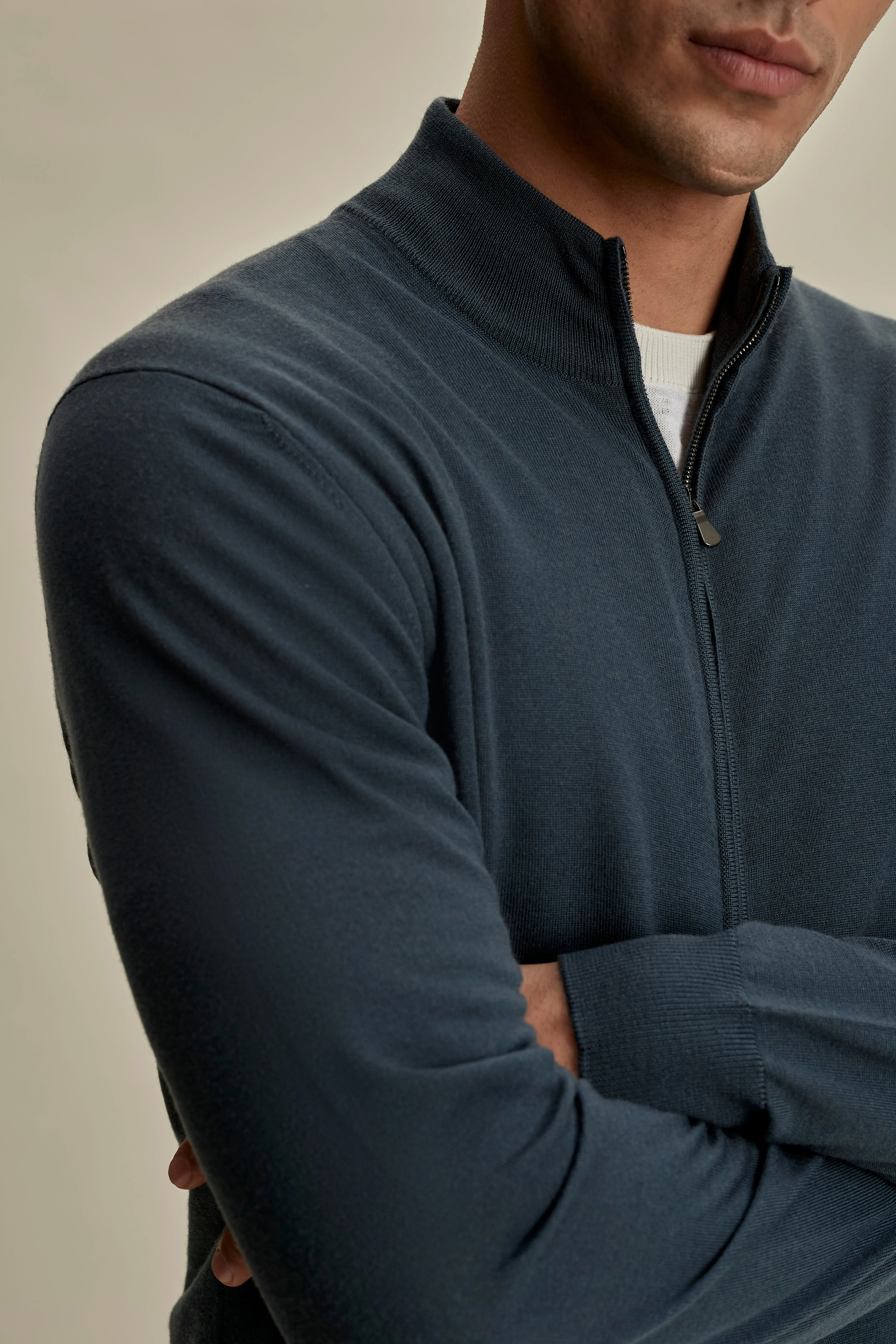 Merino Wool Zip-Through Mock Neck Knit