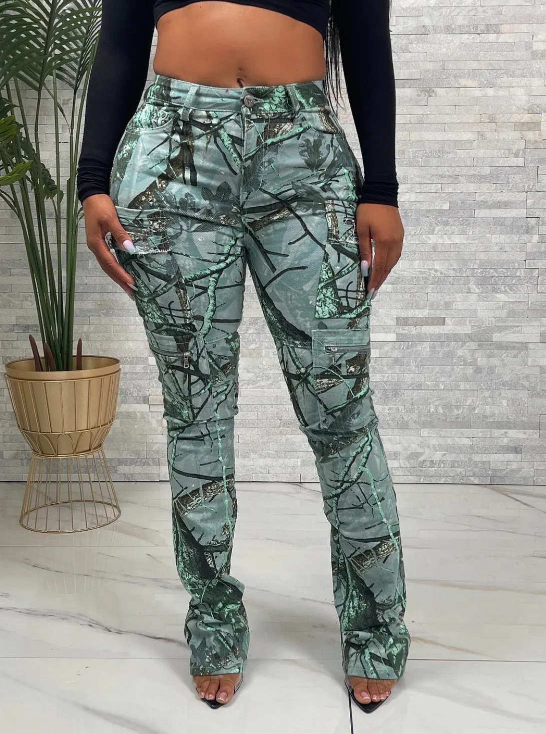 NEW! Spring Floral Camo Cargo Flare Leg Jeans