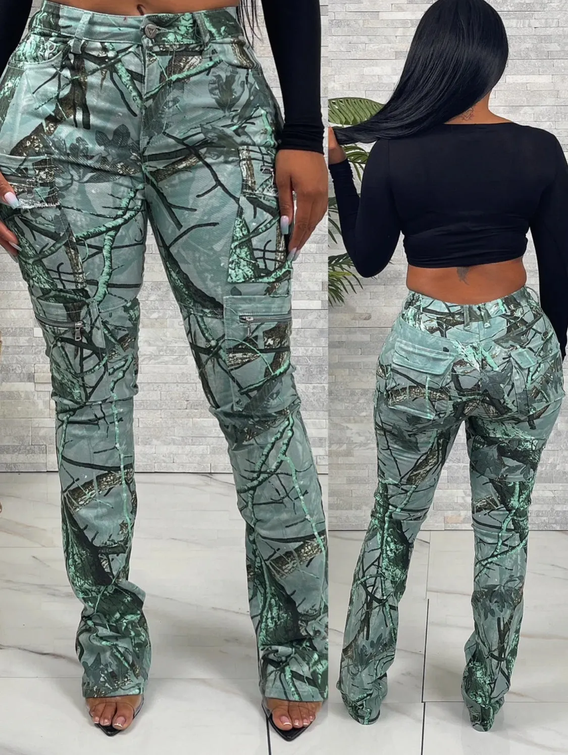 NEW! Spring Floral Camo Cargo Flare Leg Jeans