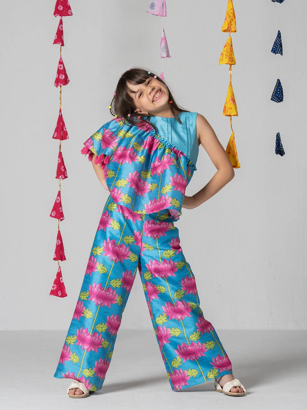 Pink Lotus Top and Pant Set For Girls