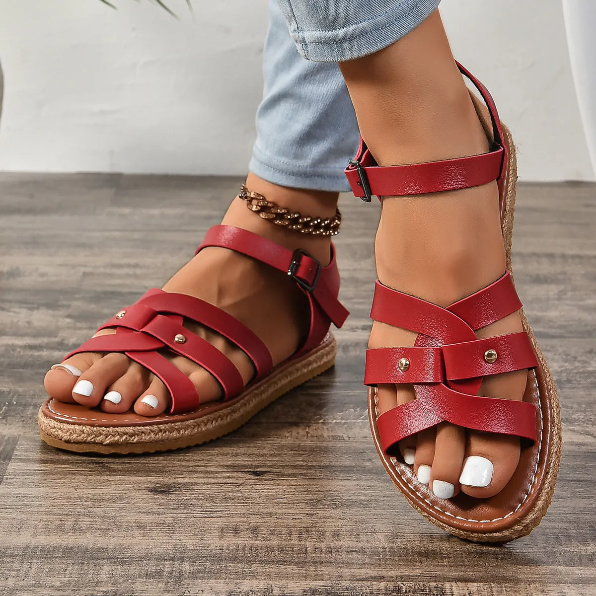 Rivet Decor Open Toe Flat Sandals