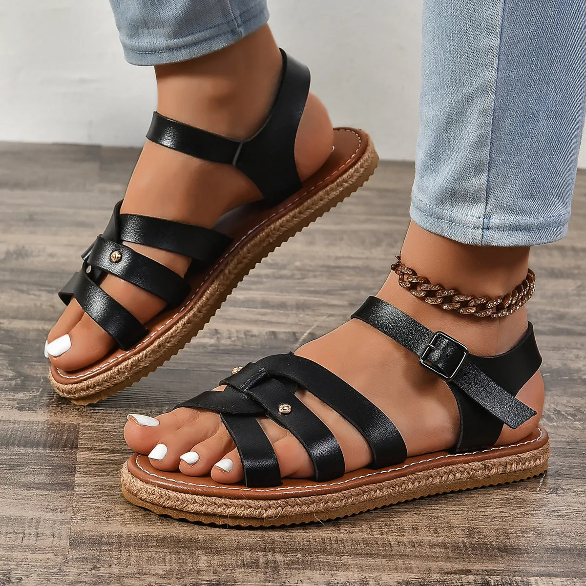 Rivet Decor Open Toe Flat Sandals