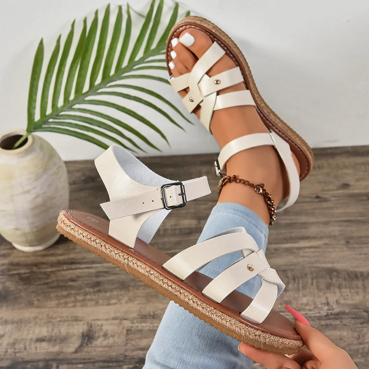 Rivet Decor Open Toe Flat Sandals