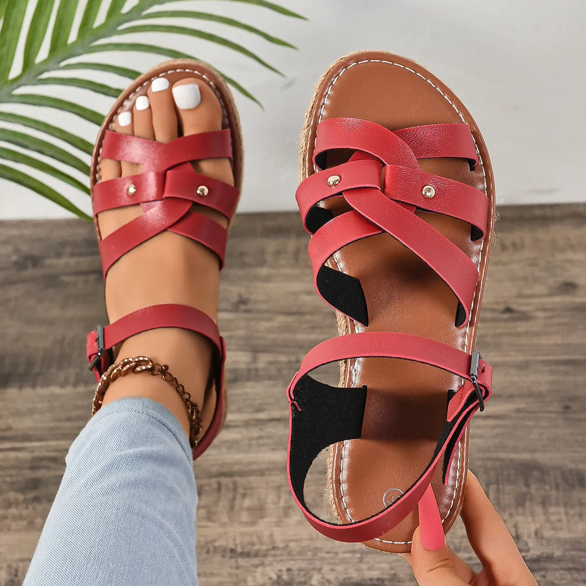 Rivet Decor Open Toe Flat Sandals
