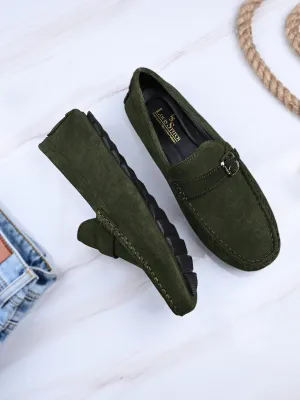 Seaweed Green Handmade Italian Suede Leather Solid Penny Loafers with Buckle