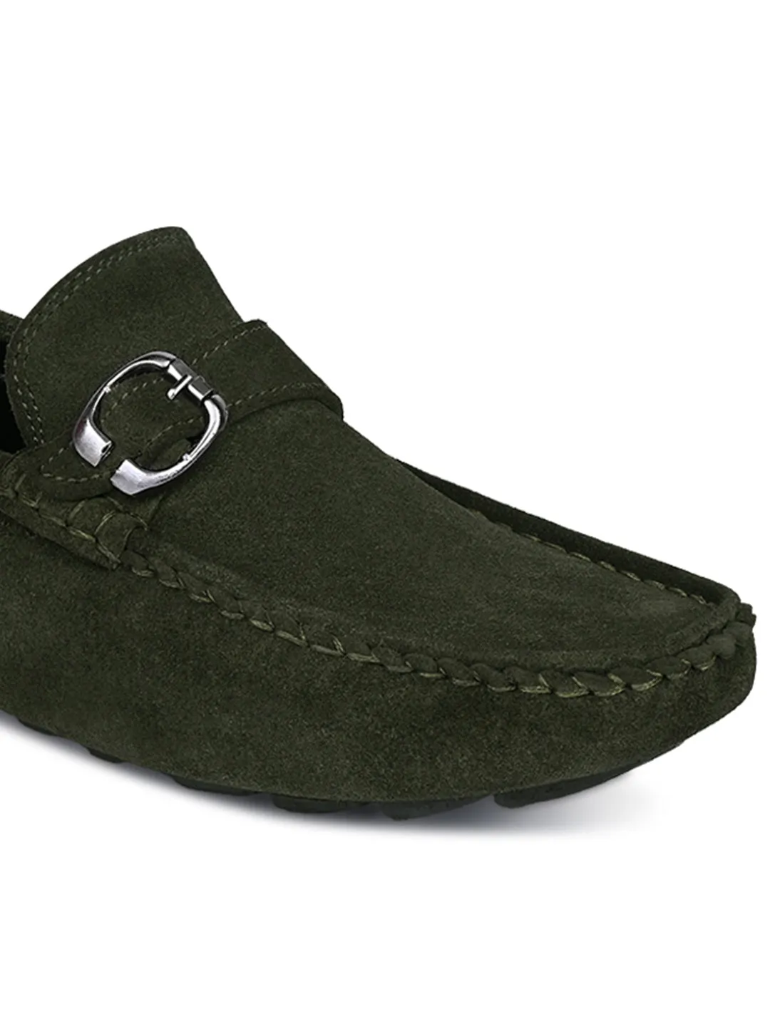 Seaweed Green Handmade Italian Suede Leather Solid Penny Loafers with Buckle