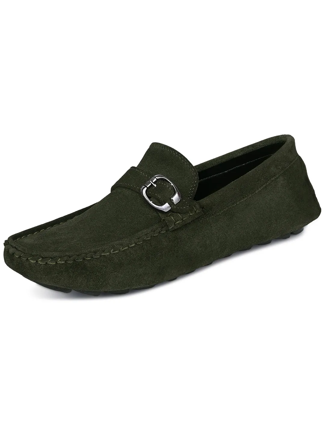 Seaweed Green Handmade Italian Suede Leather Solid Penny Loafers with Buckle