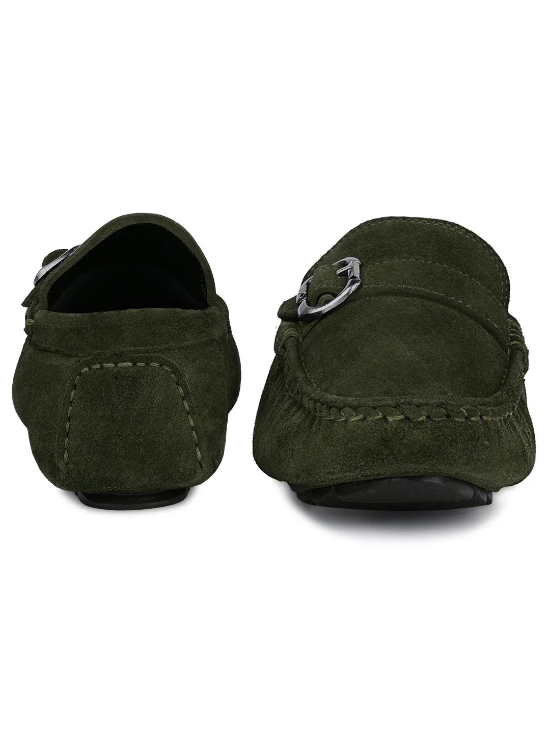 Seaweed Green Handmade Italian Suede Leather Solid Penny Loafers with Buckle