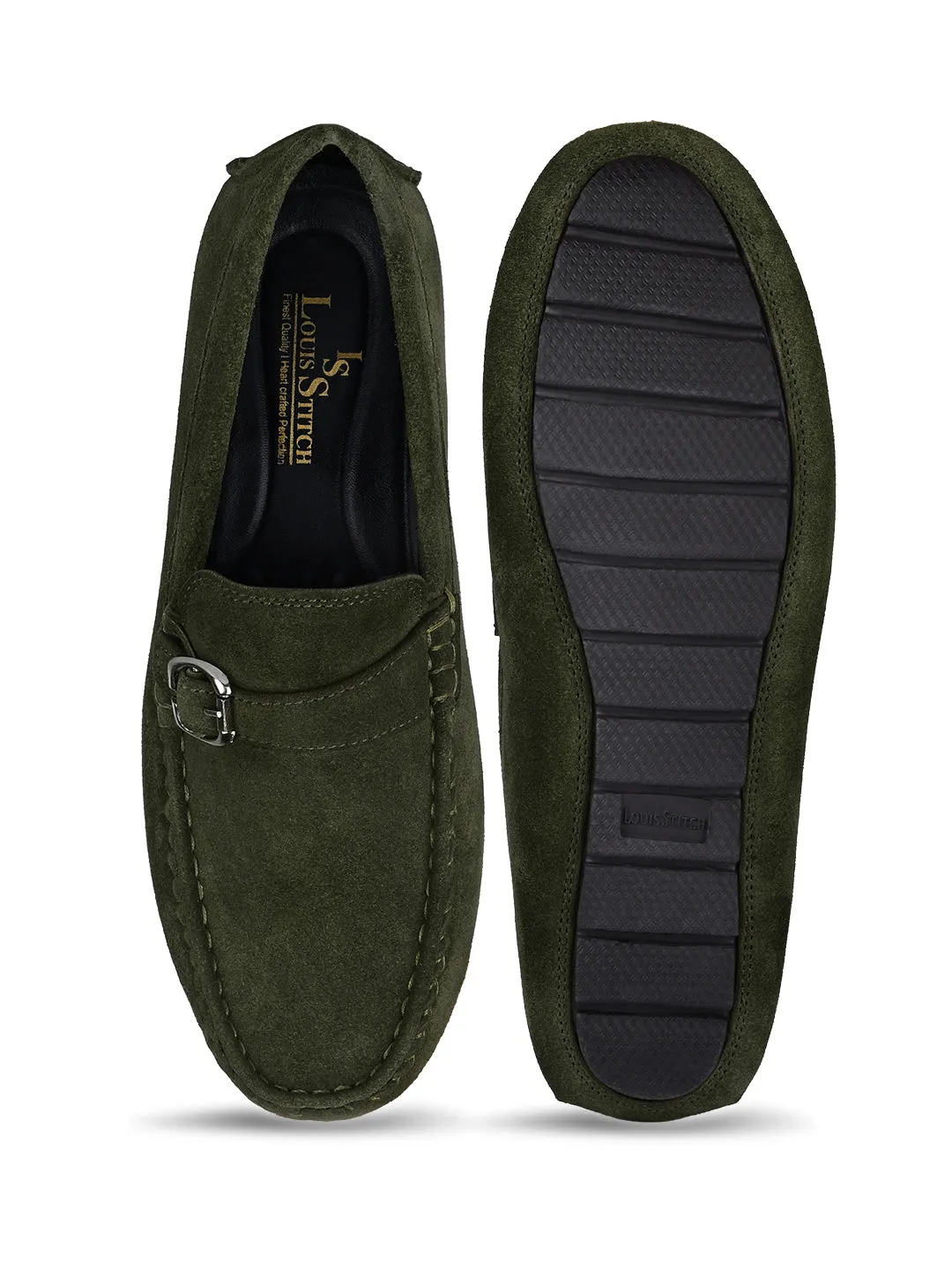 Seaweed Green Handmade Italian Suede Leather Solid Penny Loafers with Buckle