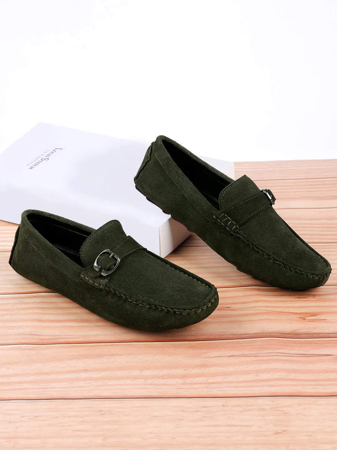 Seaweed Green Handmade Italian Suede Leather Solid Penny Loafers with Buckle