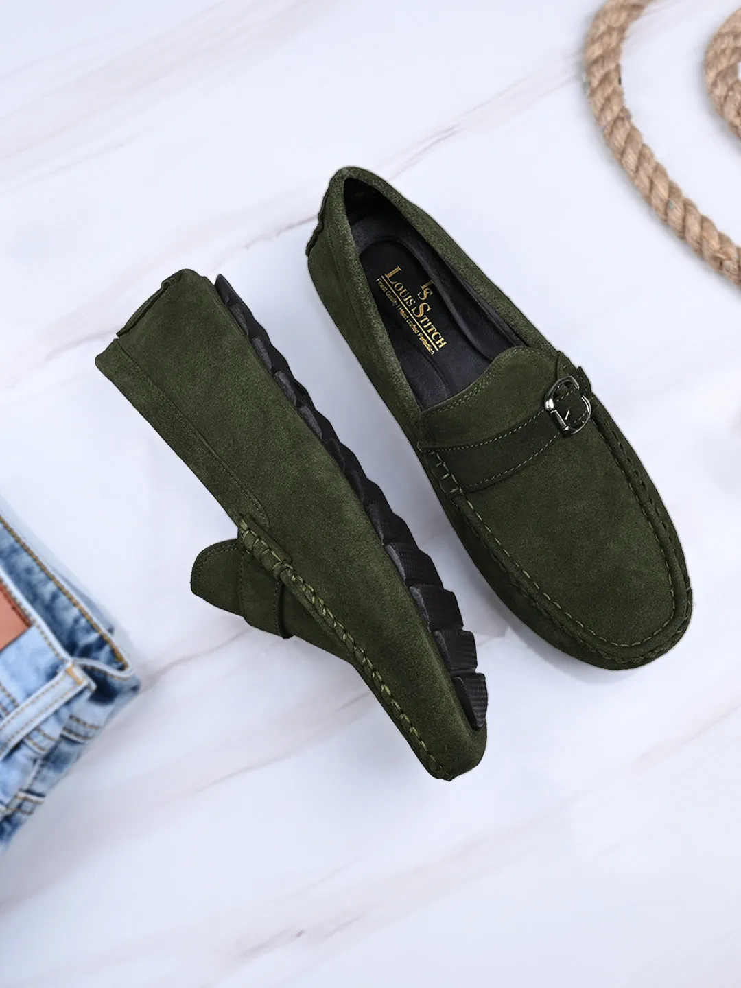 Seaweed Green Handmade Italian Suede Leather Solid Penny Loafers with Buckle