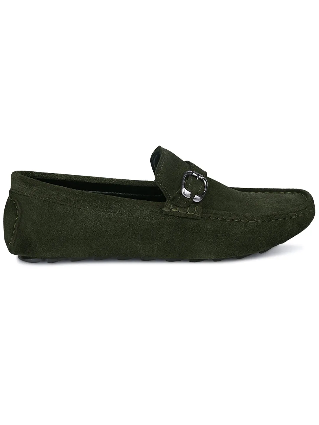 Seaweed Green Handmade Italian Suede Leather Solid Penny Loafers with Buckle