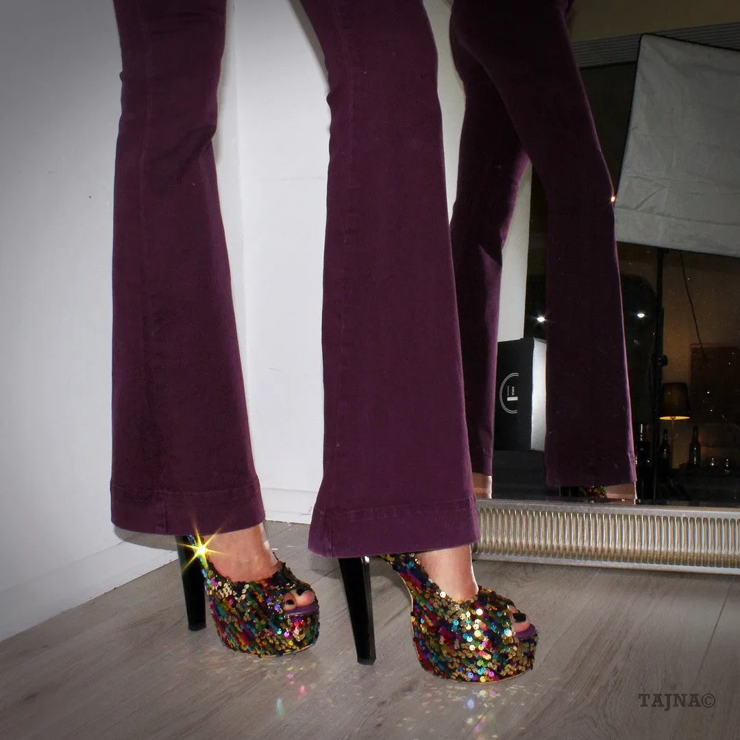 Sequin Peep Toe High Heel Platform