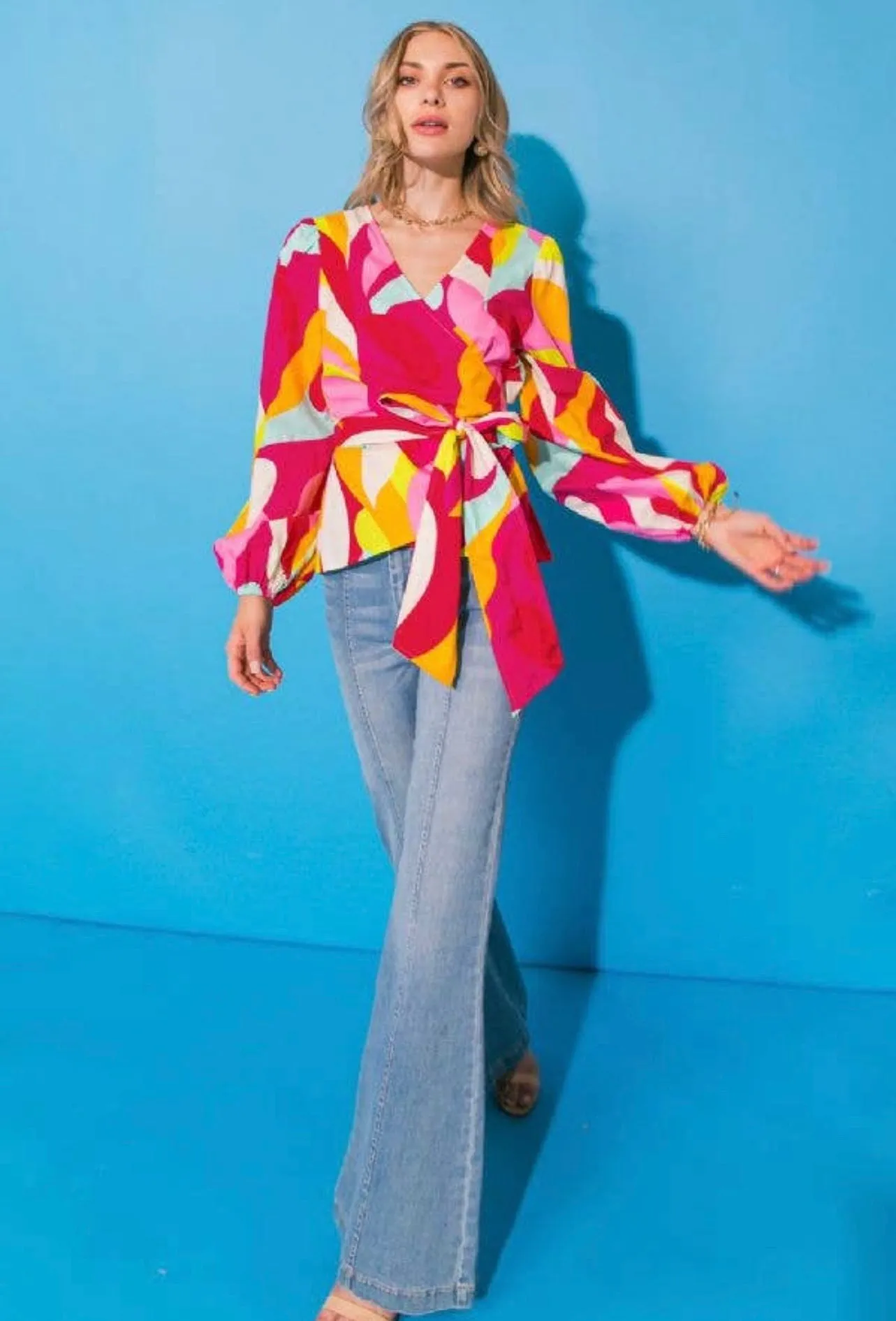 Shiny Penny Wrap Top