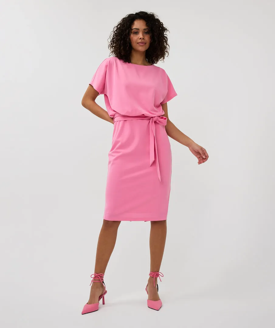 Short Sleeve Batwing Style Midi Dress - Rose Pink