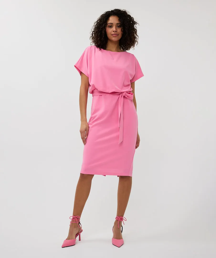 Short Sleeve Batwing Style Midi Dress - Rose Pink