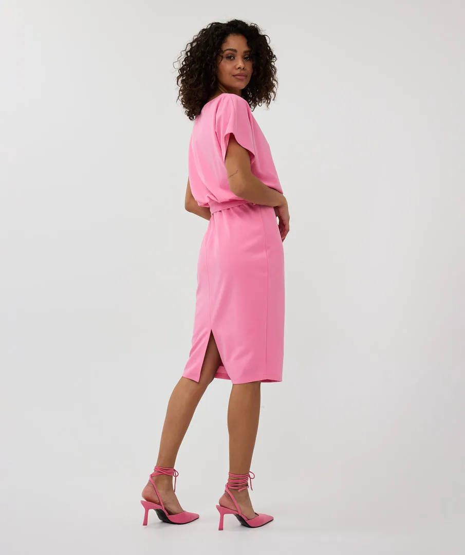 Short Sleeve Batwing Style Midi Dress - Rose Pink