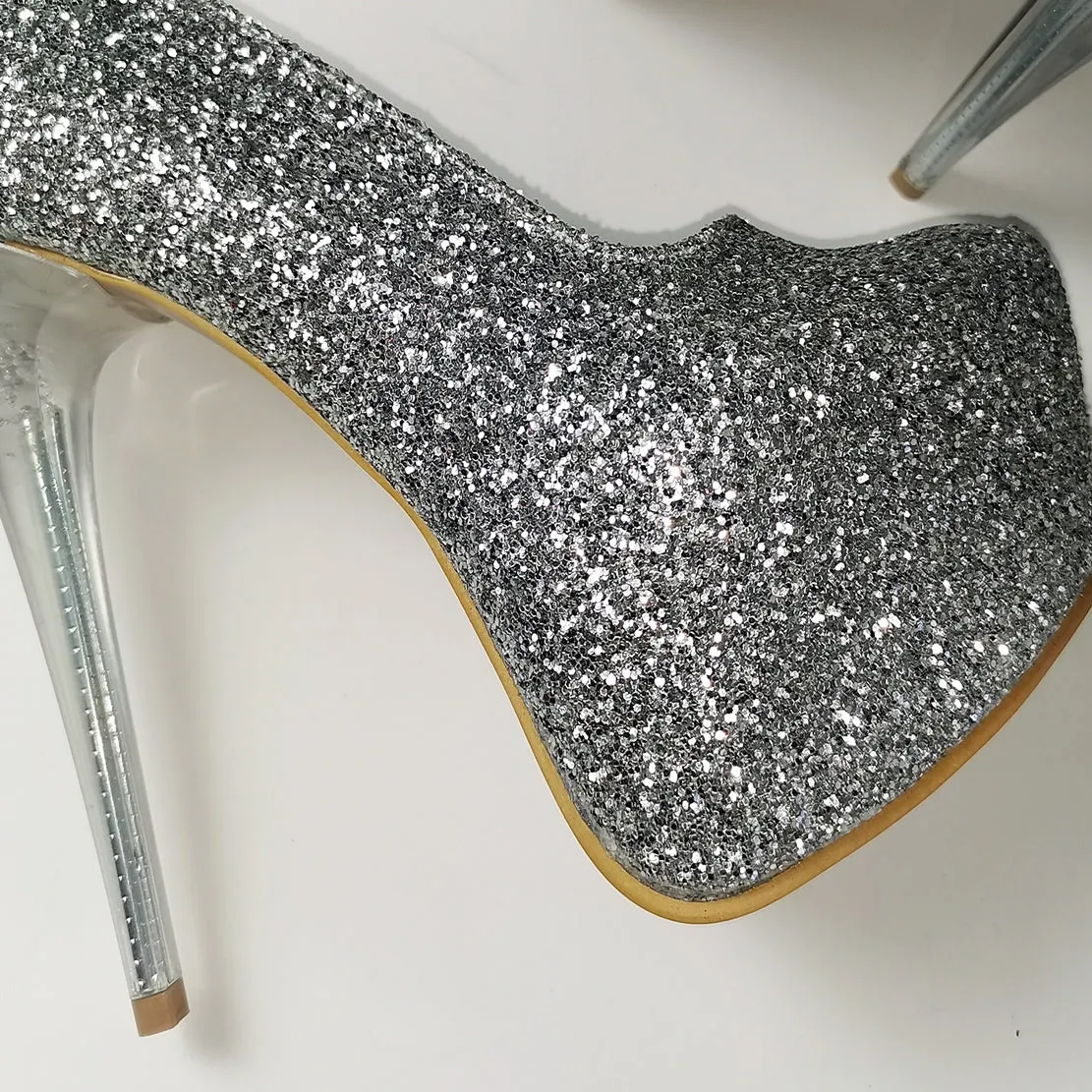 Silver Glitter Transparent Heel Pumps