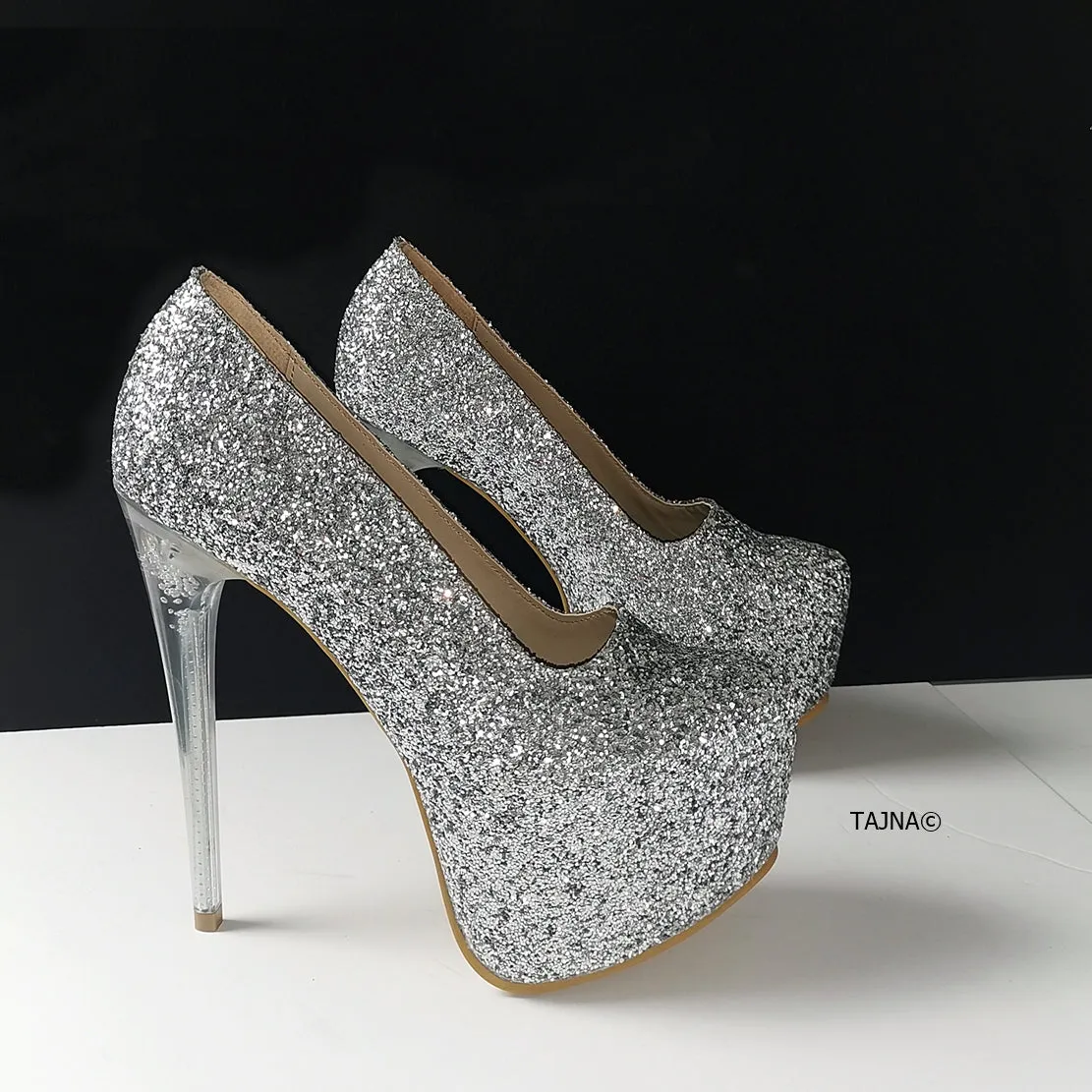 Silver Glitter Transparent Heel Pumps