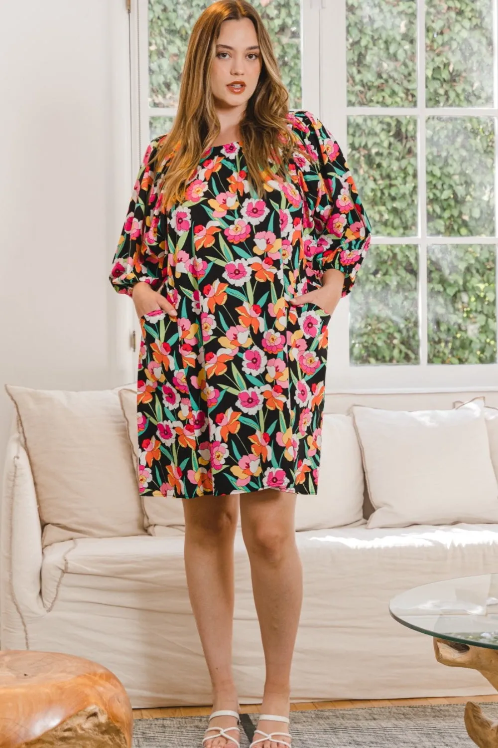 Tiani Full Size Floral Puff Sleeve Mini Dress