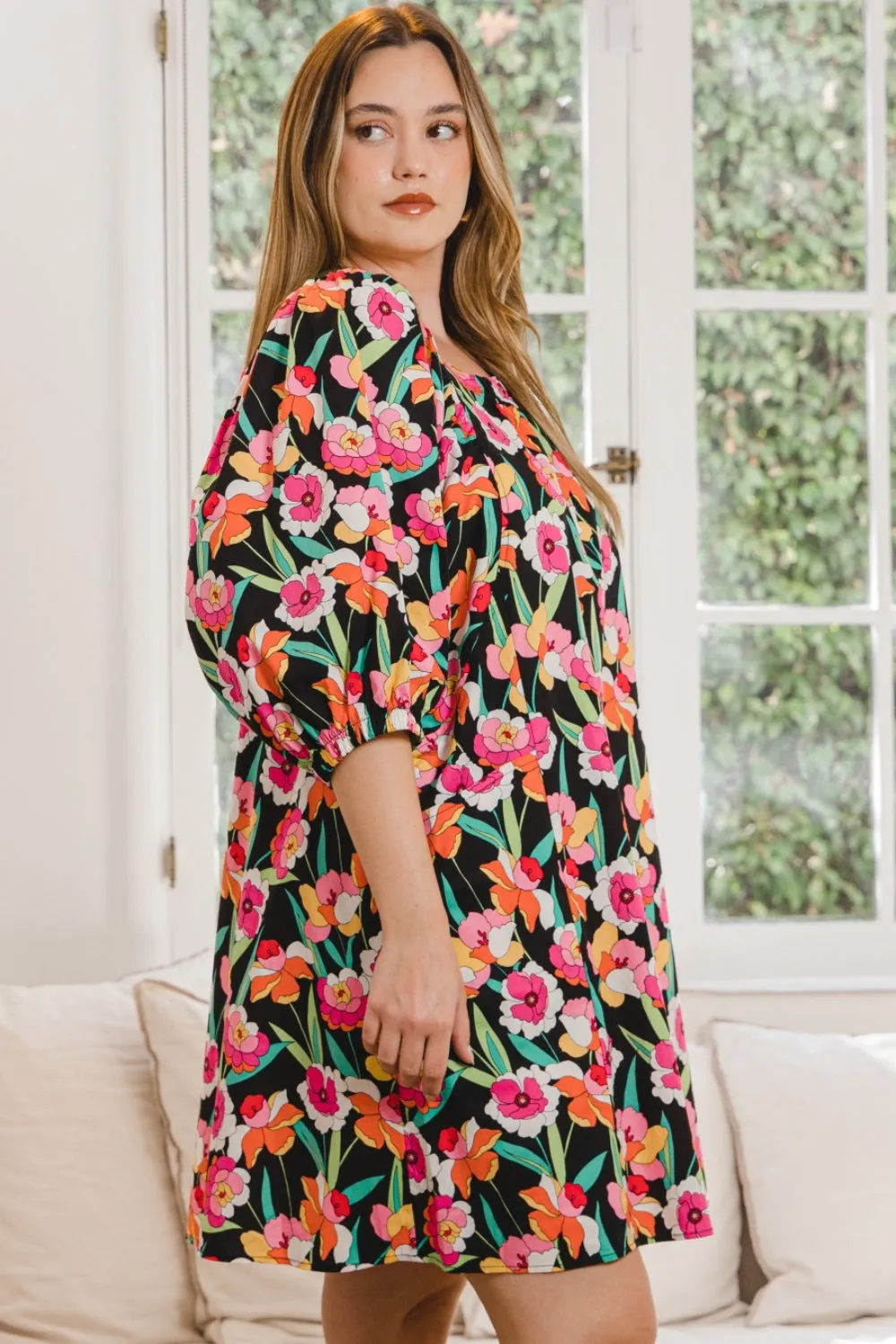 Tiani Full Size Floral Puff Sleeve Mini Dress