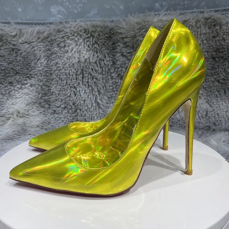 Tikicup Laser All Gold Women Sparkle Shiny Pointy Toe High Heel Shoes for Party Sexy D'Orsay Side Cut Stiletto Pumps Plus Size
