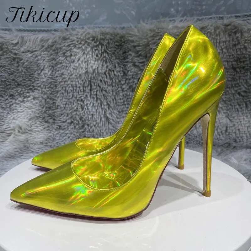 Tikicup Laser All Gold Women Sparkle Shiny Pointy Toe High Heel Shoes for Party Sexy D'Orsay Side Cut Stiletto Pumps Plus Size