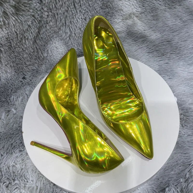 Tikicup Laser All Gold Women Sparkle Shiny Pointy Toe High Heel Shoes for Party Sexy D'Orsay Side Cut Stiletto Pumps Plus Size