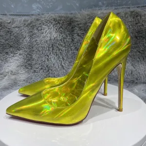Tikicup Laser All Gold Women Sparkle Shiny Pointy Toe High Heel Shoes for Party Sexy D'Orsay Side Cut Stiletto Pumps Plus Size