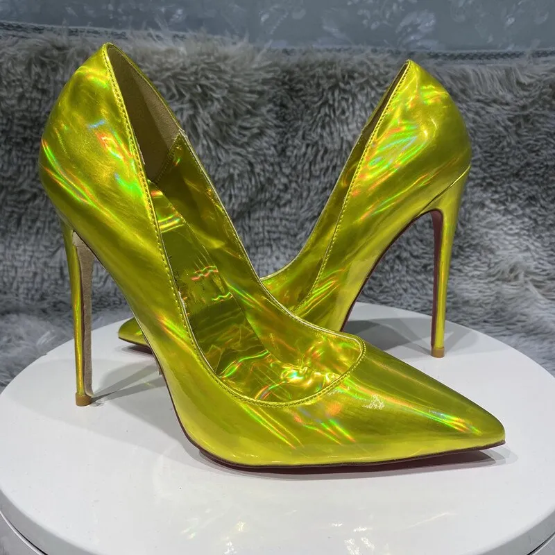 Tikicup Laser All Gold Women Sparkle Shiny Pointy Toe High Heel Shoes for Party Sexy D'Orsay Side Cut Stiletto Pumps Plus Size