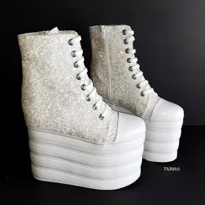 White Glitter Lace Up Sport Wedges
