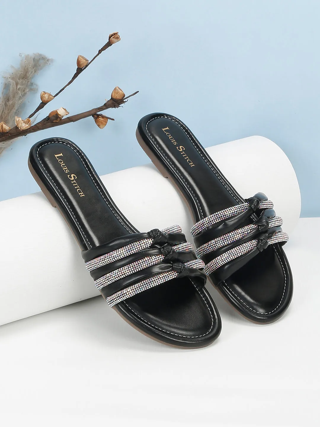 Women's Black Open Toe Glitter Strap Lightweight Sandals